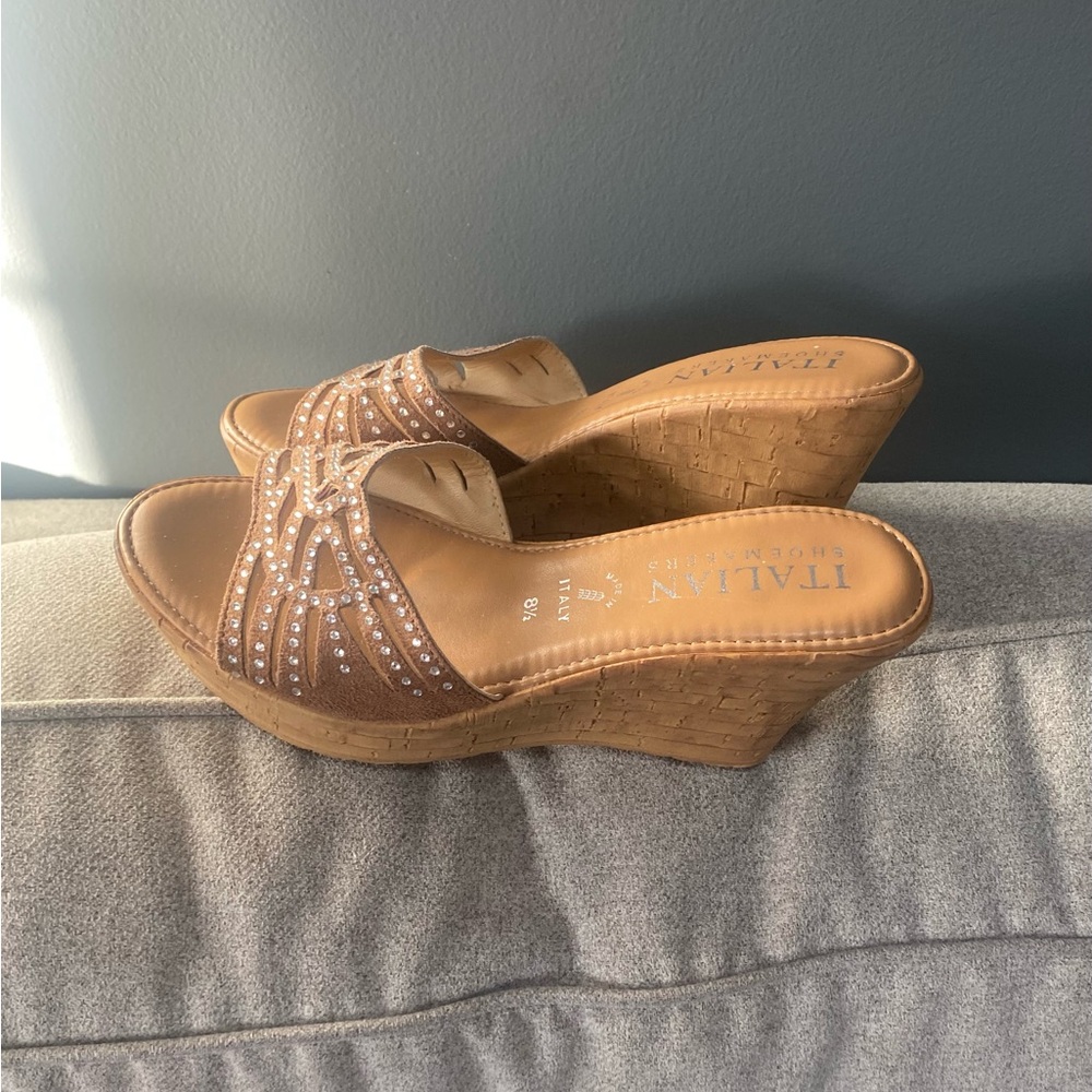 Italian Shoemakers Tan Cork Heel Sandals. Beautiful! Perfect shape! Like new. - Picture 2 of 3
